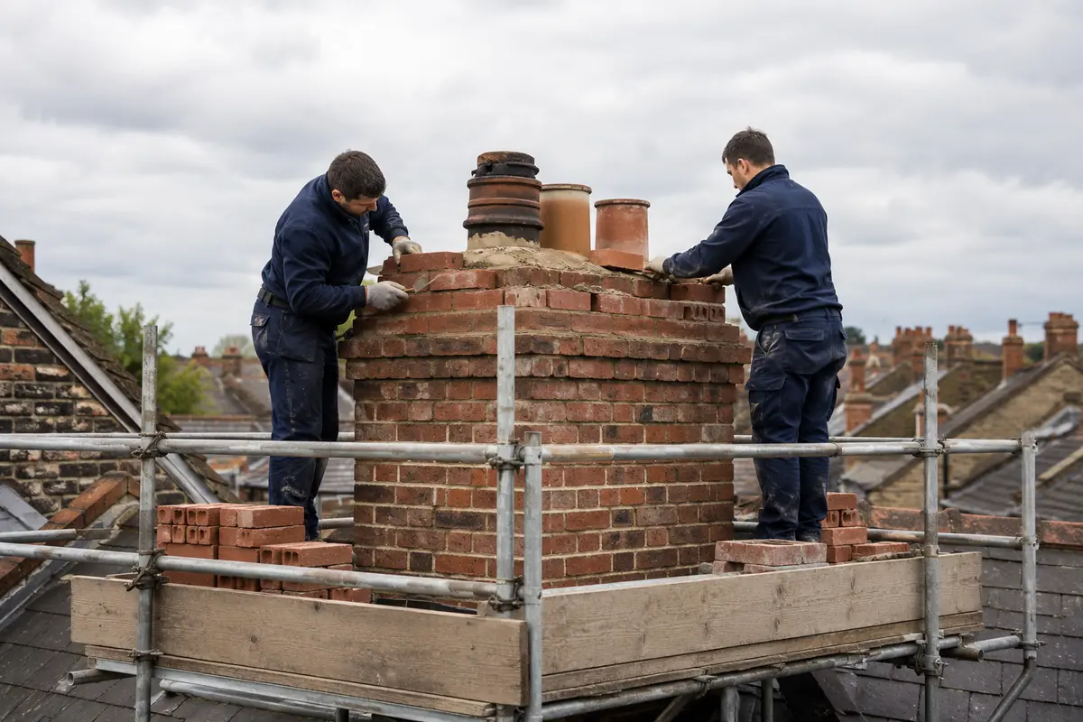 Chimney stack rebuild from safe scaffold access